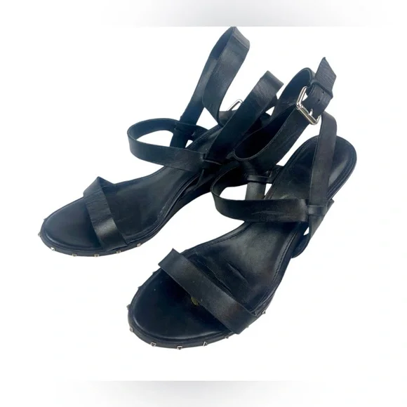 Marc Fisher Black Leather Madaya Studded Wedge Ankle Wrap Sandals Size 8.5 - Picture 9 of 10